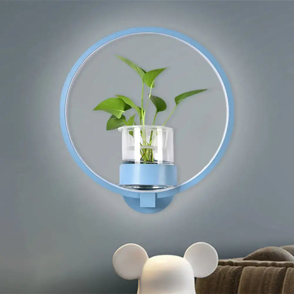 Modern silver wall light in light blue with integrated plant pot and clear glass container for 110v-120v use