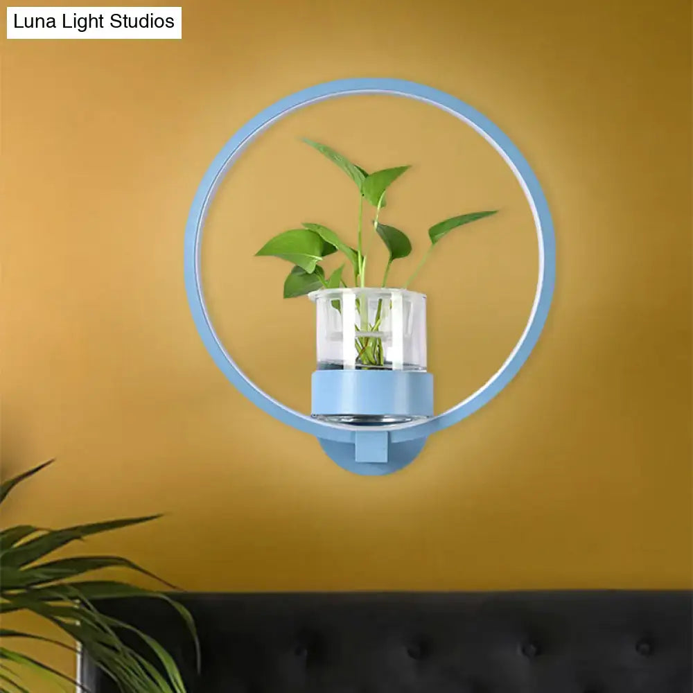 Modern silver wall light with light blue circular plant pot and clear glass vase holding green leaves 110v-120v