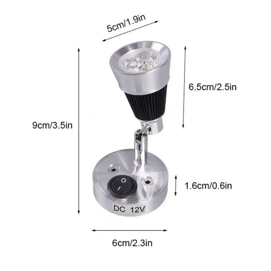 Modern silver led spotlight with black ribbed collar and adjustable arm for warm white boat interior lights on 12v dc power