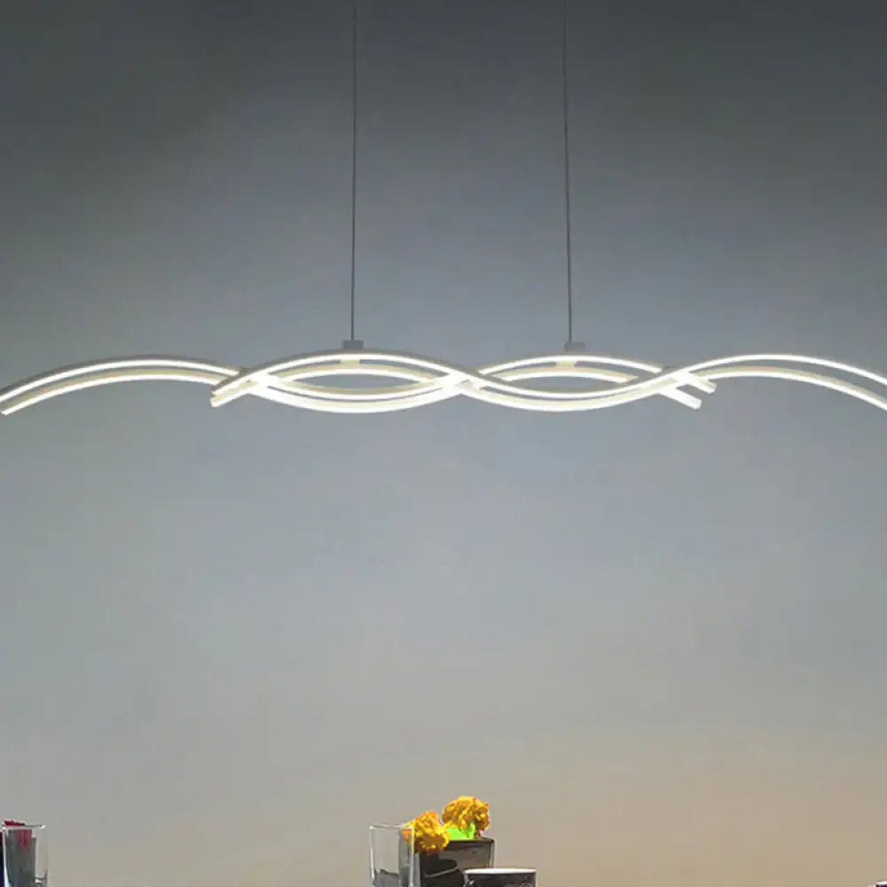 Modern white acrylic LED island pendant light with sleek intertwined design in silver wave finish for stylish lighting