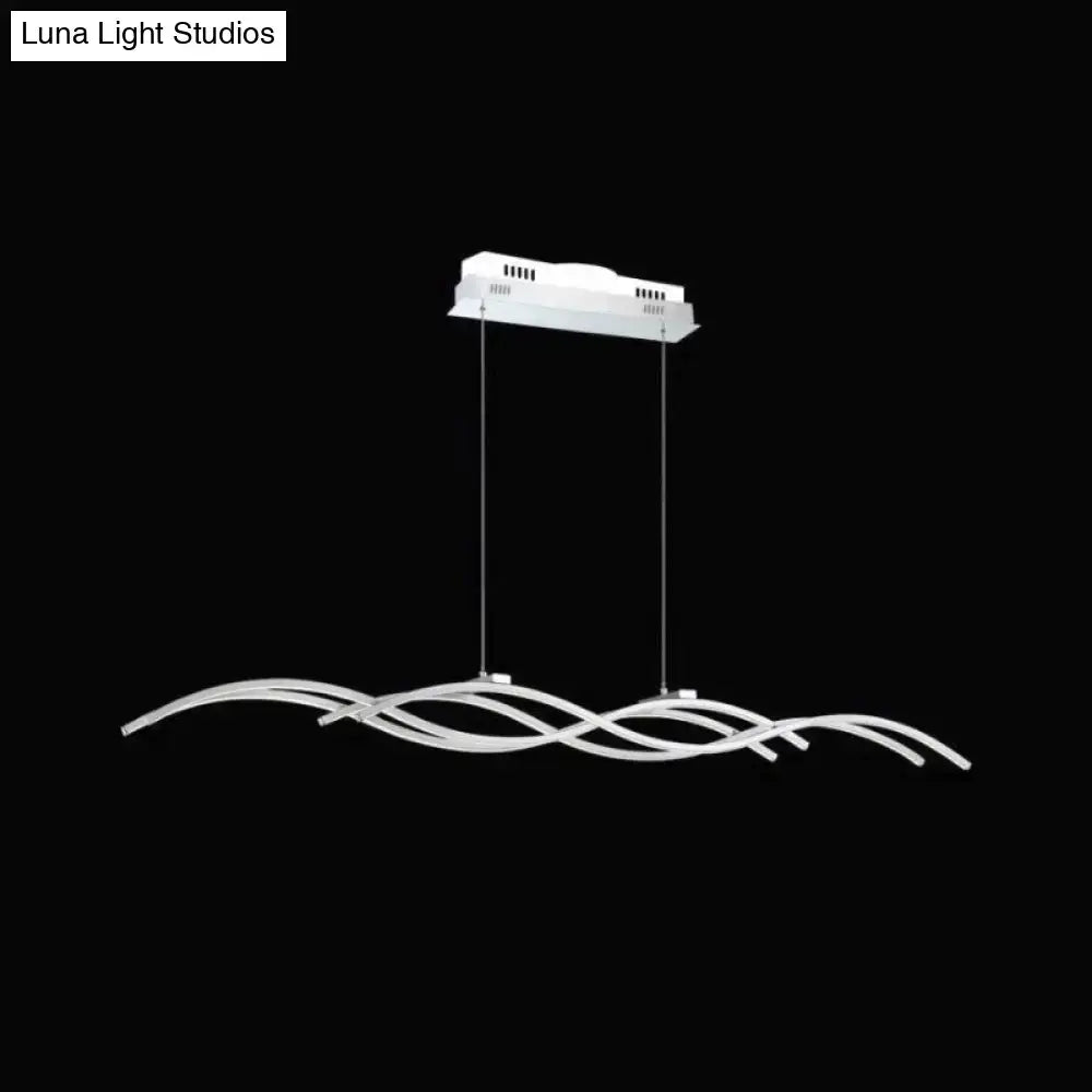 Modern white DecorBites acrylic LED island pendant light with silver wave curved arms and rectangular ceiling mount