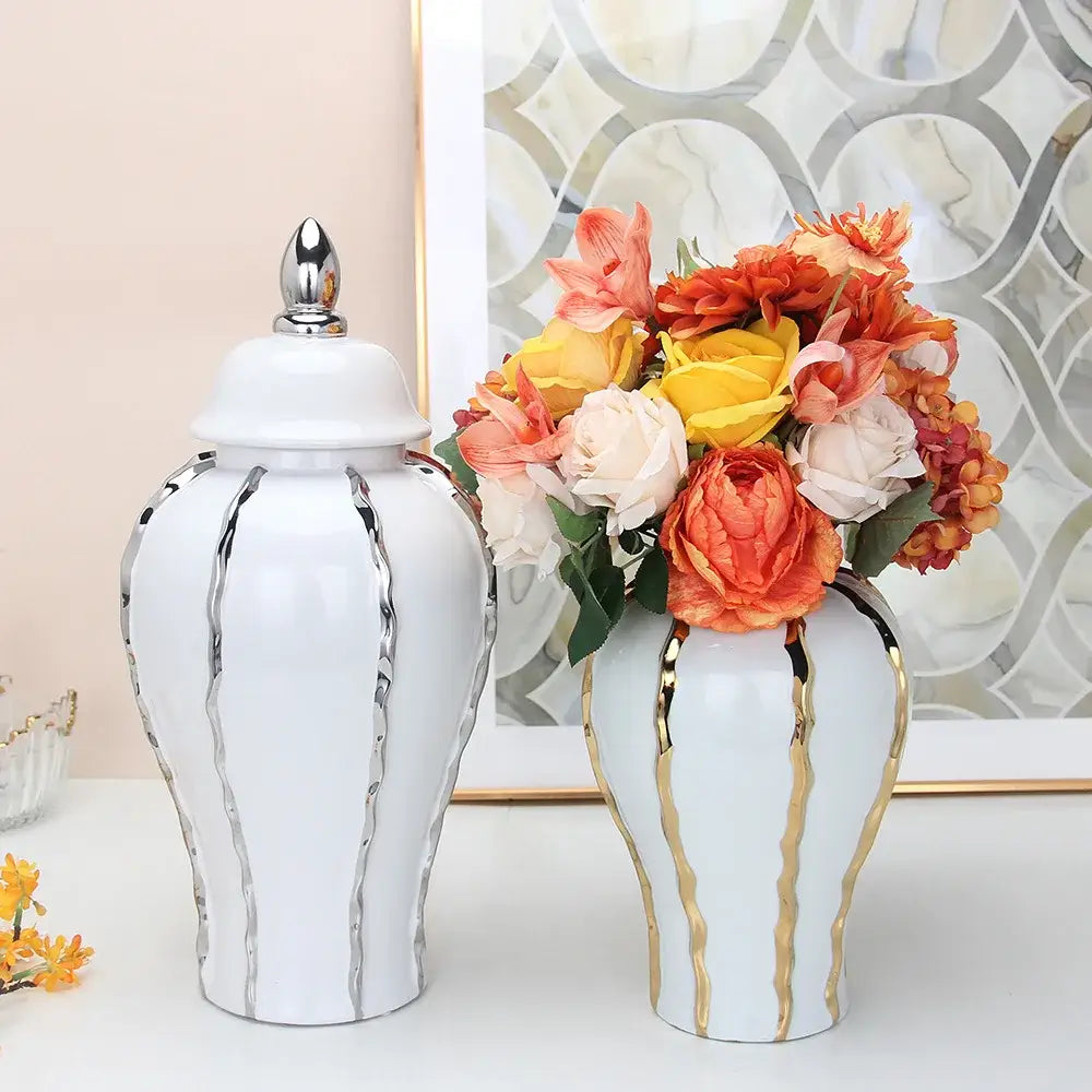 Modern silver and white striped porcelain ginger pot vase set with metallic accent lids for living room decor