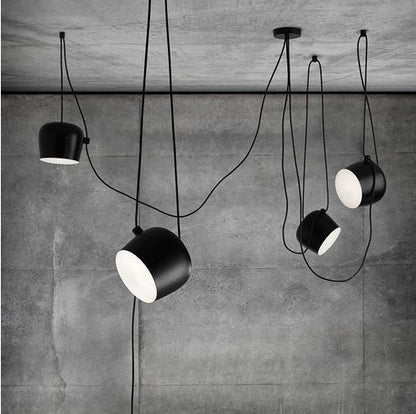 Modern simple aluminum snare chandelier featuring a black matte industrial pendant light with white interior and minimalist design