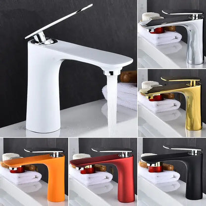 Modern single handle basin faucet with sleek curved spout in white chrome gold orange red or black finish by decorbites basin faucet