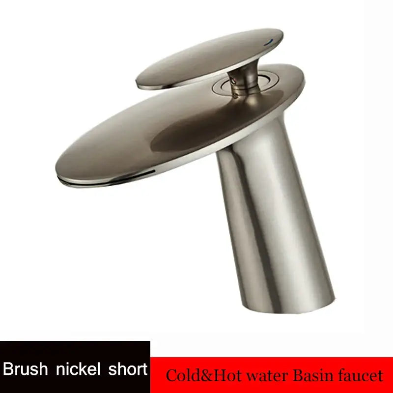 Modern sleek gold waterfall basin faucet with brushed nickel short cold and hot water spouts and overlapping circular design