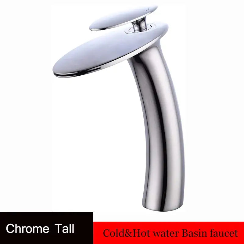 Modern sleek gold waterfall basin faucet with chrome finish and single lever handle for bathroom decor