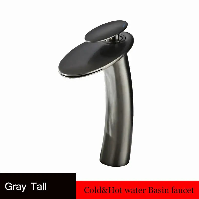 Gray tall waterfall basin faucet with brushed metallic finish and modern sleek design for bathroom decor