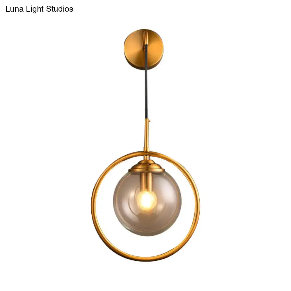 Gold-toned modern pendant light with smoke gray clear glass globe for 220v-240v 110v-120v bedroom wall lighting