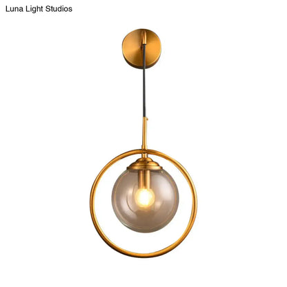 Gold-toned modern pendant light with smoke gray clear glass globe for 220v-240v 110v-120v bedroom wall lighting
