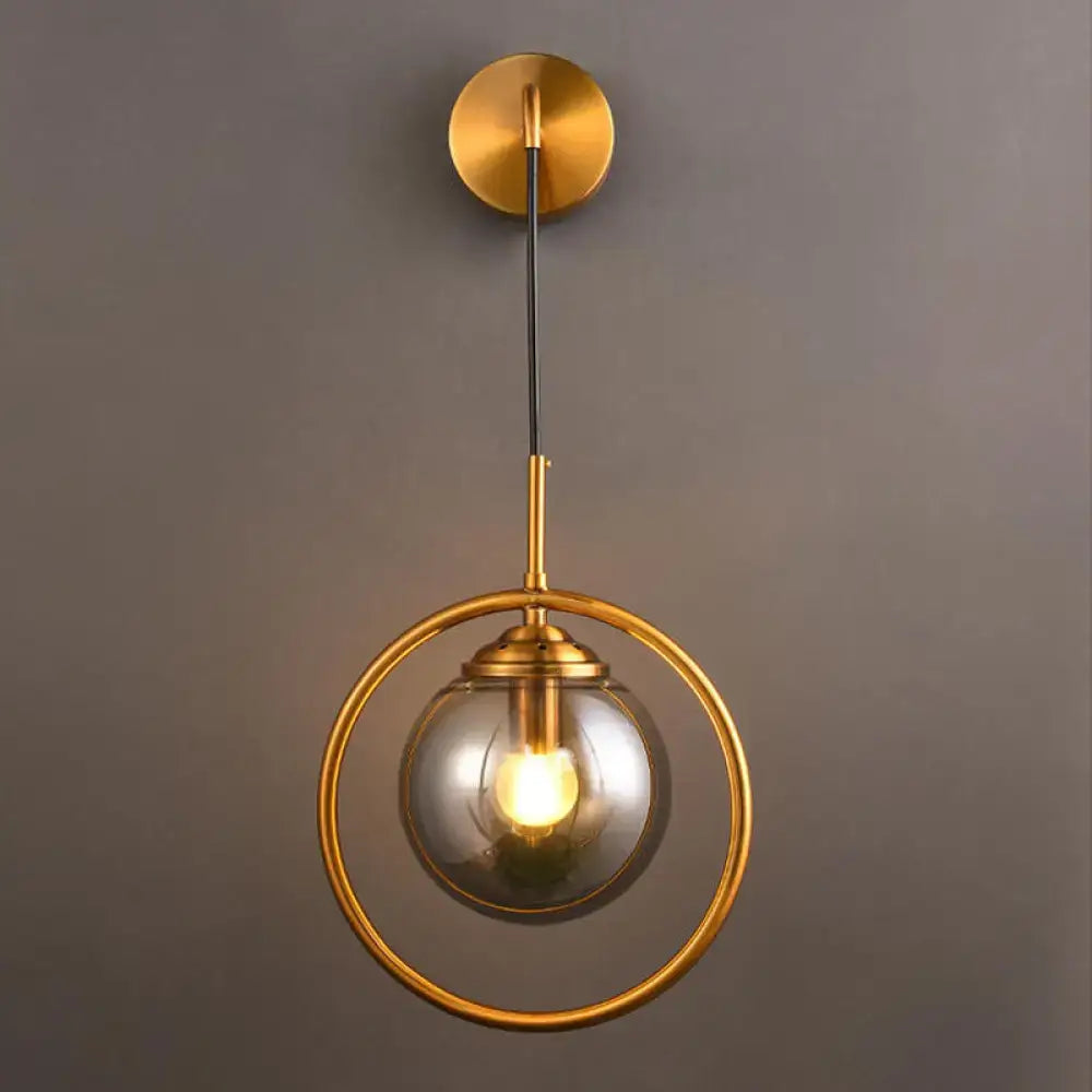 Modern smoke gray and clear glass globe sconce bedroom wall light with gold-toned ornamental ring 220v-240v 110v-120v