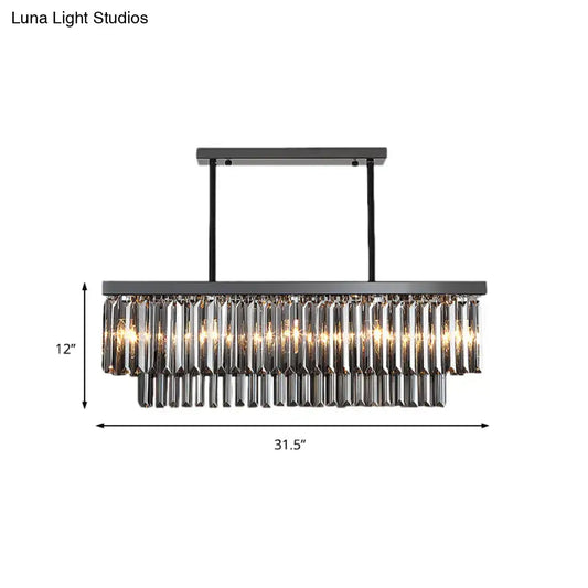 Modern smoke gray crystal rectangle chandelier with sleek black metal frame and cascading gray crystal blocks for dining room light