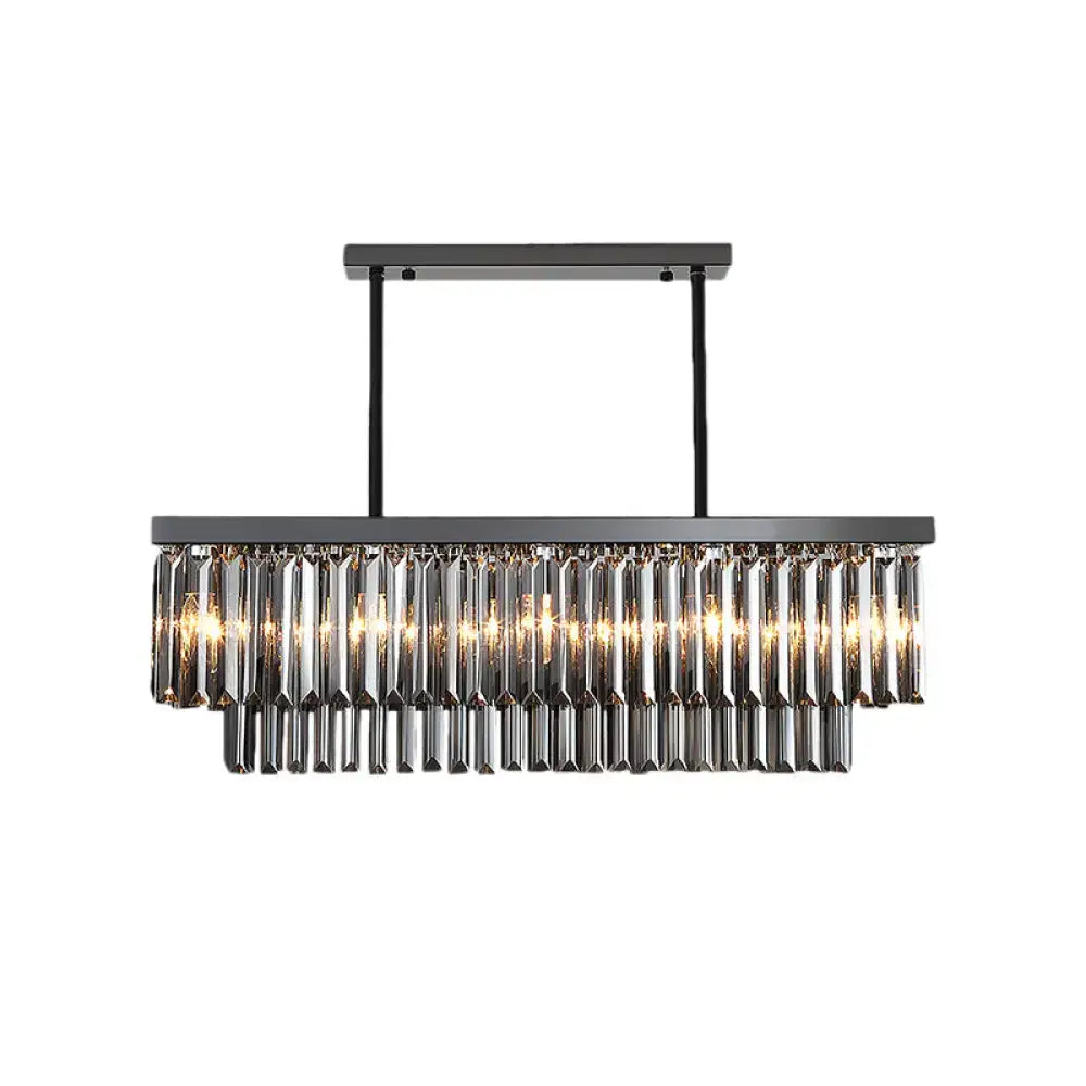 Modern smoke gray crystal rectangle chandelier with cascading gray crystal block prisms for dining room lighting