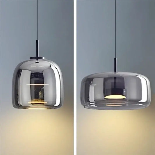 Modern smoked glass bowl chandelier pendant light with sleek black metal fixture for dining room illumination