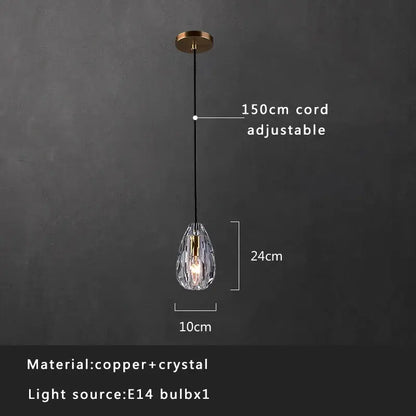 A clear faceted crystal copper pendant light with copper-toned metal and adjustable 150cm cord by decorbites crystal copper