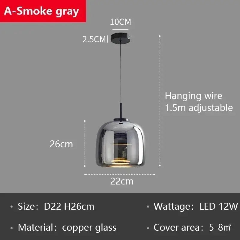 A sleek smoked gray glass led pendant chandelier with a modern bell shape and adjustable hanging wire for dining rooms
