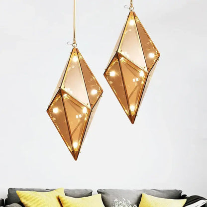 Gold-toned geometric glass led pendant light with diamond glass panels and warm interior lighting for living room use