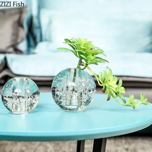 Modern spherical clear glass vase with bubbles and succulent plant for desk decoration by decorbites clear glass