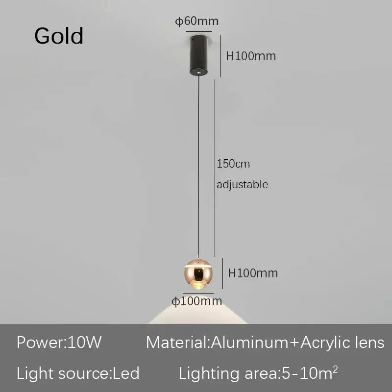 Modern spherical gold pendant light with sleek aluminum and acrylic lens for decorbites led bedside lifting use