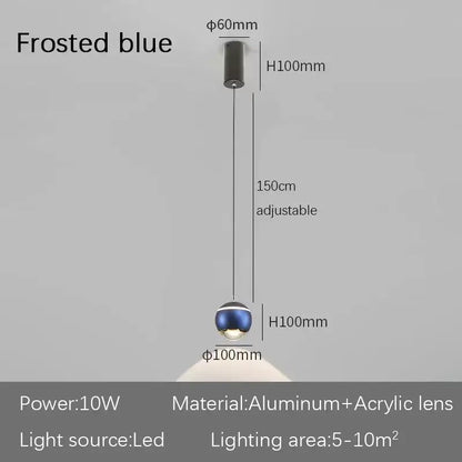 Modern spherical led bedside pendant light with frosted blue glass and sleek aluminum acrylic lens for bedroom decorbites decor