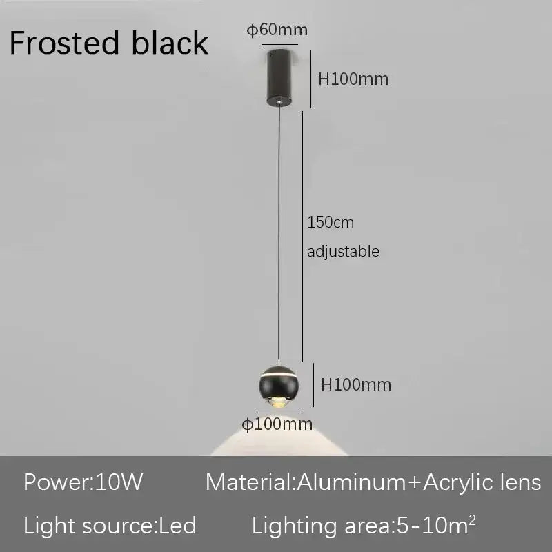 Frosted black spherical pendant light with aluminum and acrylic lens construction for modern led bedside decorbites decor