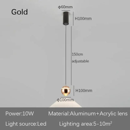 Gold spherical pendant light with sleek aluminum and acrylic lens design for modern decorbites led bedside lighting