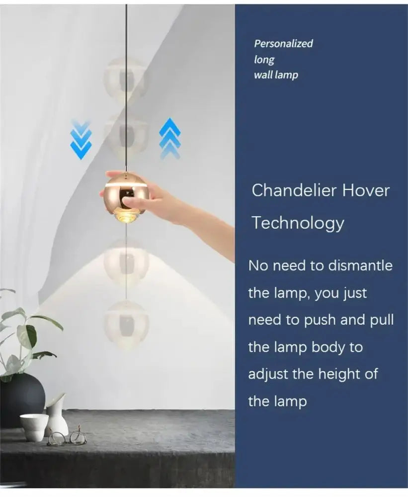 Modern spherical led bedside pendant light with gold-toned finish and transparent glass accents for bedroom decorbites decor