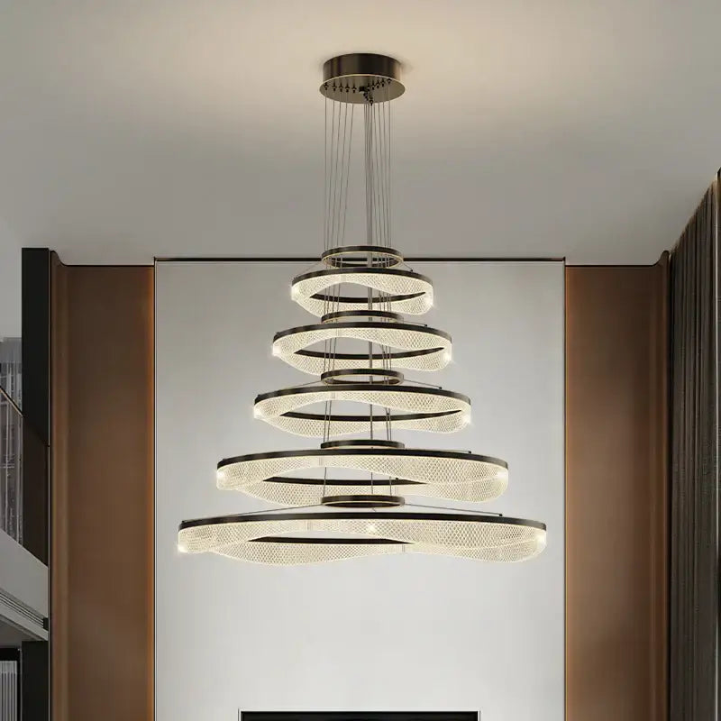 Modern spiral acrylic ring pendant light fixture with frosted glass and metallic rings for living room lighting