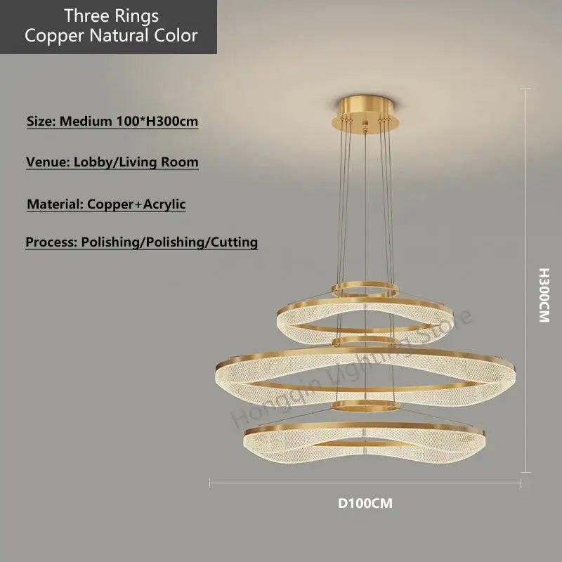 Modern spiral acrylic ring pendant light fixture with polished copper rings and embedded crystals for living room