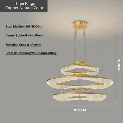 Modern spiral acrylic ring pendant light fixture with polished copper rings and embedded crystals for living room