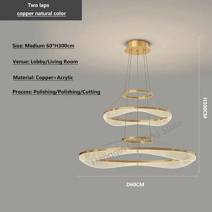 Modern copper-toned pendant light fixture with three concentric wave-shaped rings and mesh acrylic diffuser for living room