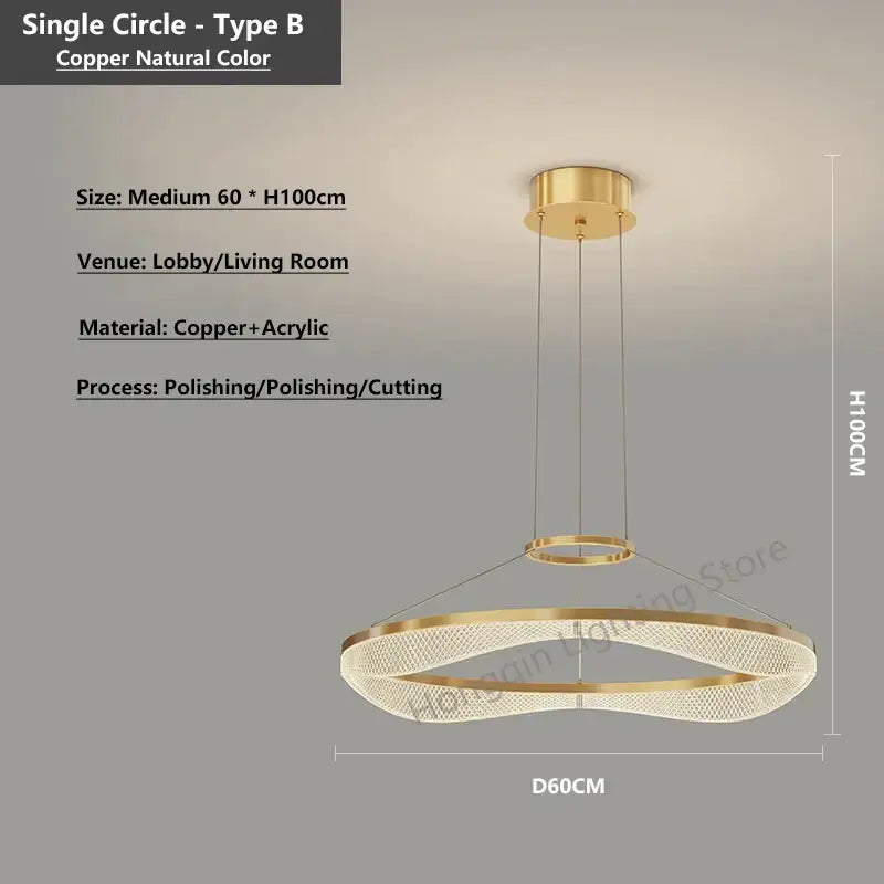 Modern spiral acrylic ring pendant light fixture with gold-toned copper double-ring design for living room use