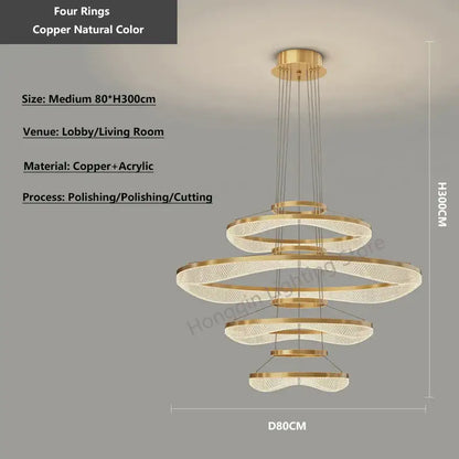 Gold-toned modern pendant light fixture with four concentric mesh acrylic rings for living room lighting