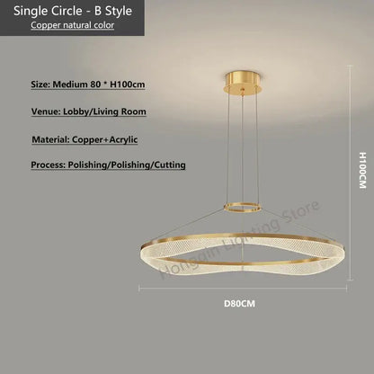 Gold-toned copper and acrylic modern spiral pendant light fixture with sleek circular design for living rooms