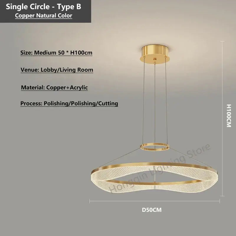 Modern spiral acrylic ring pendant light fixture in gold-toned copper with a sleek double-ring design for living rooms