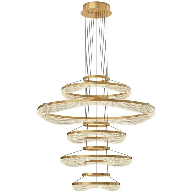 A modern gold-finished pendant light fixture with cascading crystal mesh rings for living room use