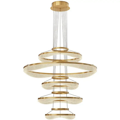 A modern gold-finished pendant light fixture with cascading crystal mesh rings for living room use