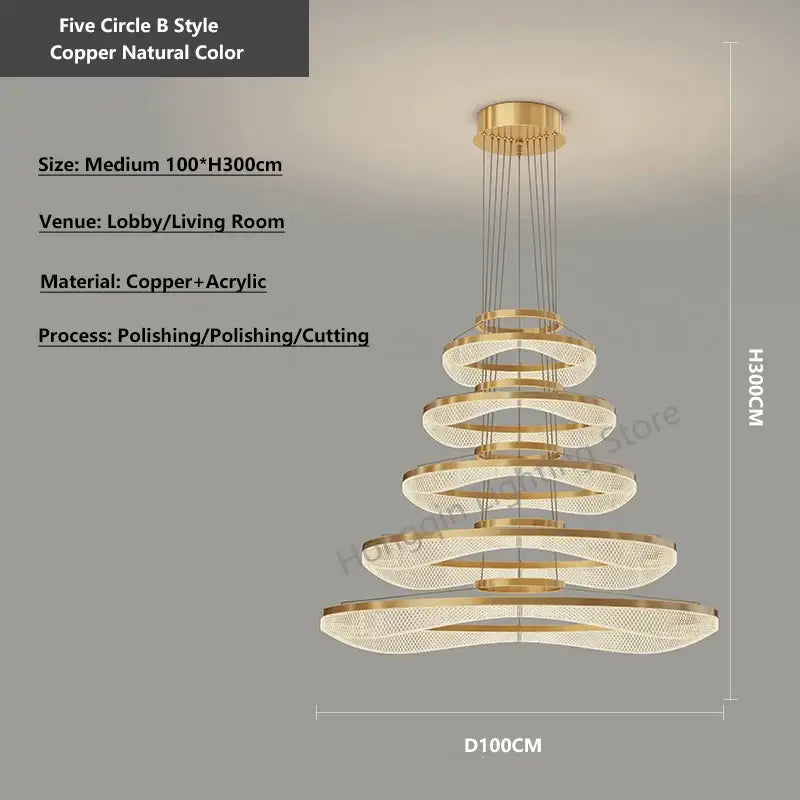 Modern spiral acrylic ring pendant light fixture with five copper rings and crystal elements for living room use