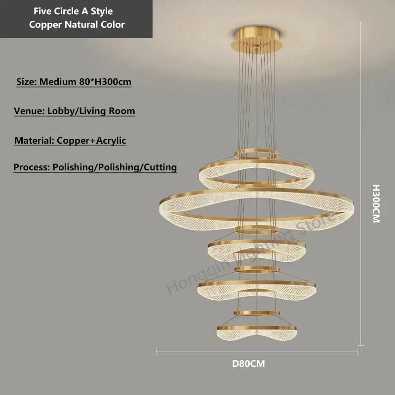 Modern spiral acrylic ring pendant light fixture with five copper rings and crystal elements for living room use