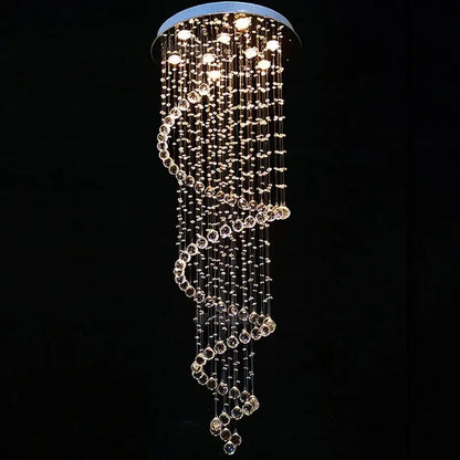 A modern spiral black and clear decorbites crystal pendant chandelier with cascading faceted beads for bedroom lighting
