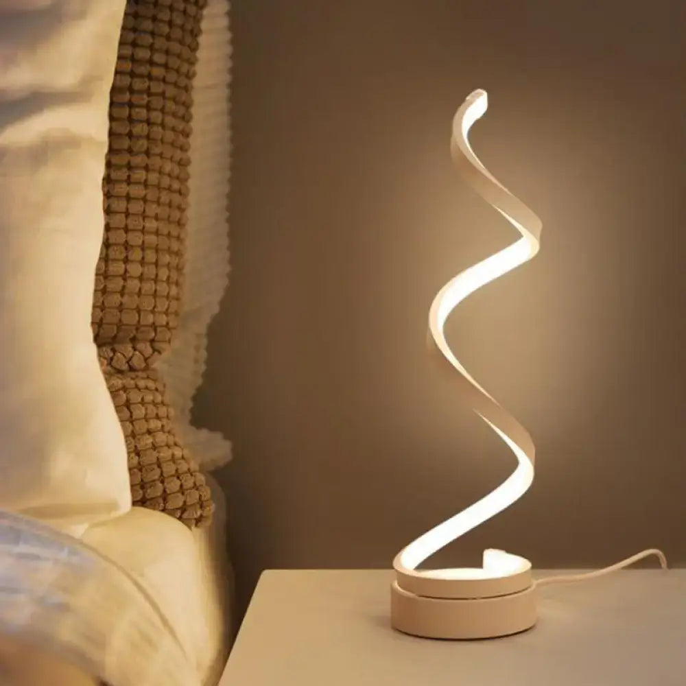 Modern spiral black white gold led table lamp with glowing white spiral design and minimalist circular base for bedroom light type