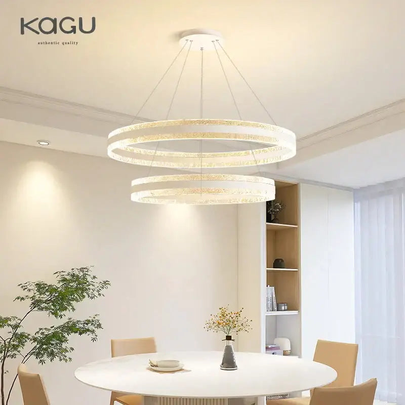 Modern spiral circle rings led chandelier with sleek white finish and crystal accents by kagu for living room decorbites circle rings