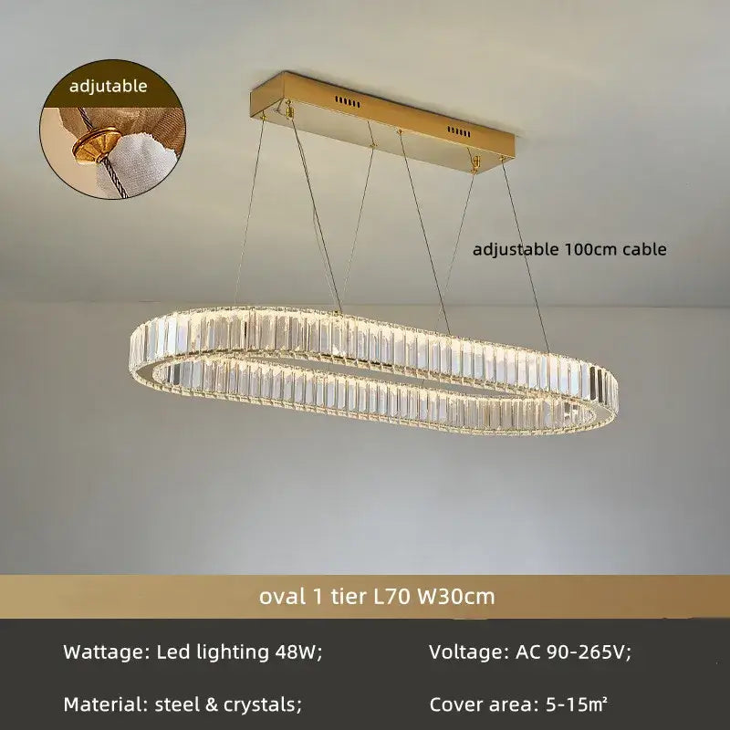 Gold-toned oval modern spiral crystal circle led chandelier with two tiers of clear crystals on steel frame for decorbites crystal circle decor
