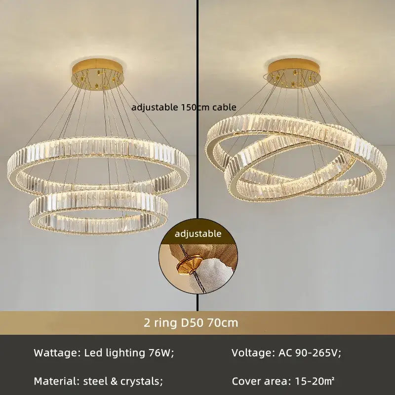 Modern spiral crystal circle led chandelier with crystal-encrusted rings and gold-toned ceiling mount decorbites crystal circle