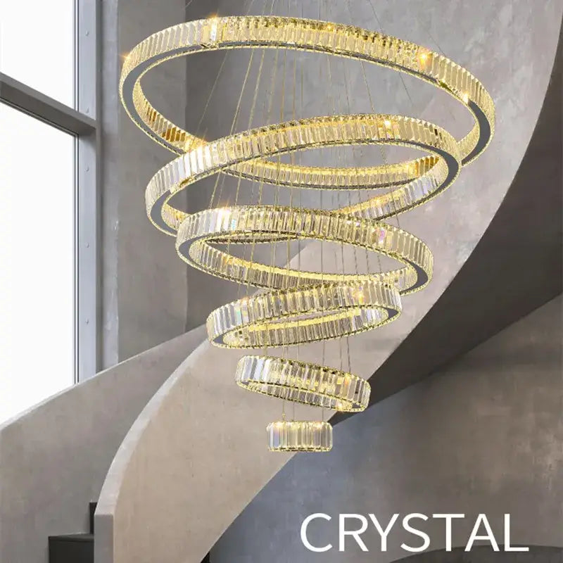 Modern spiral crystal circle led chandelier in gold with interlocking faceted glass rings for staircase decorbites crystal circle