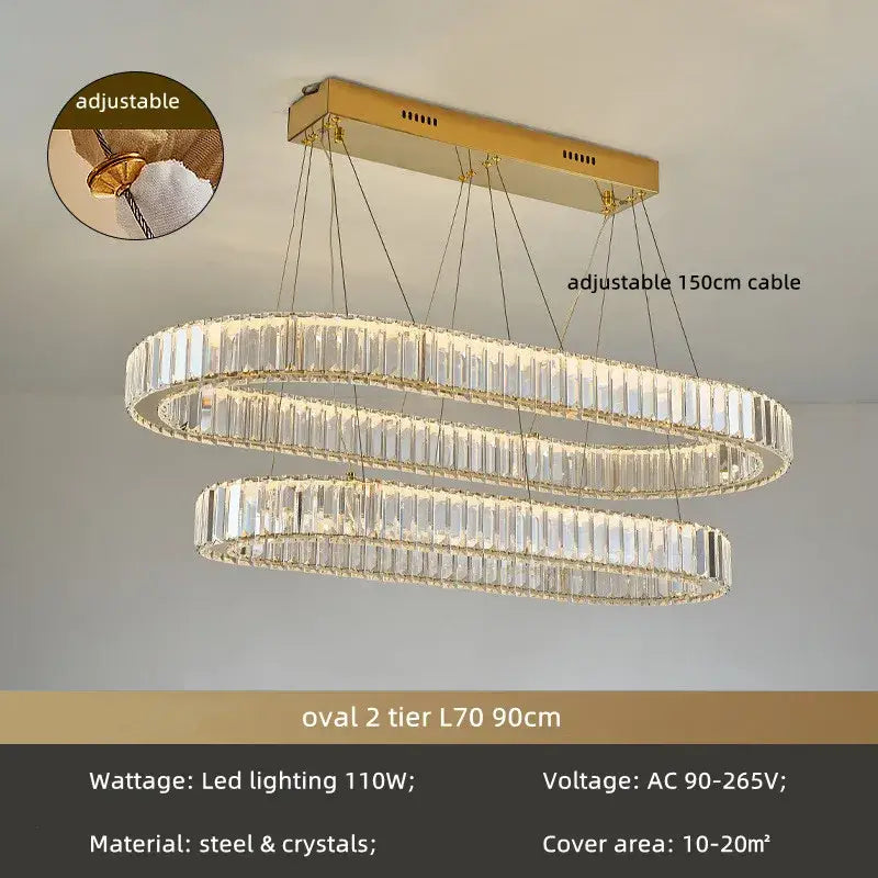Gold-toned oval two-tier decorbites crystal circle led chandelier with clear crystal rods and adjustable 150cm cable for staircase