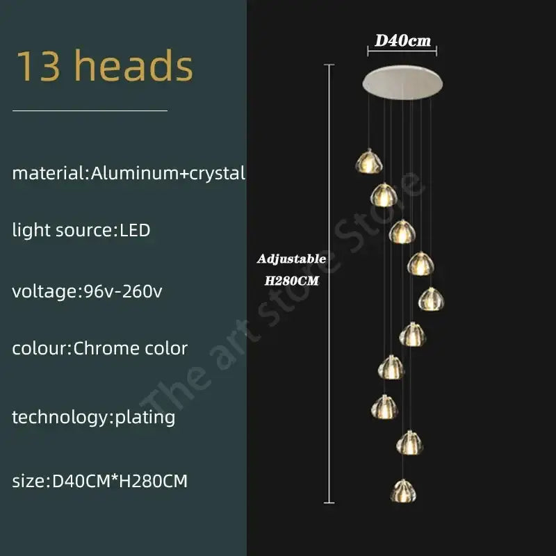 Modern spiral decorbites crystal led ceiling chandelier with 50cm circular mount and adjustable teardrop glass shades