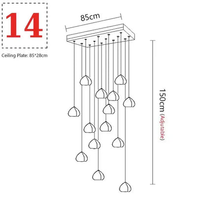 Modern spiral crystal led ceiling chandelier with 14 teardrop glass shades for staircase and kitchen decorbites crystal led
