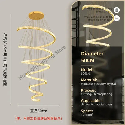 Modern spiral crystal pendant chandelier with golden spiral design featuring k9 crystal and stainless steel for villas by decorbites crystal pendant