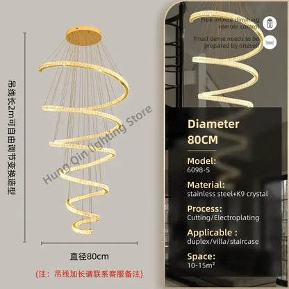 Modern spiral crystal pendant chandelier with golden spiral design embedded k9 crystal and stainless steel by decorbites crystal pendant