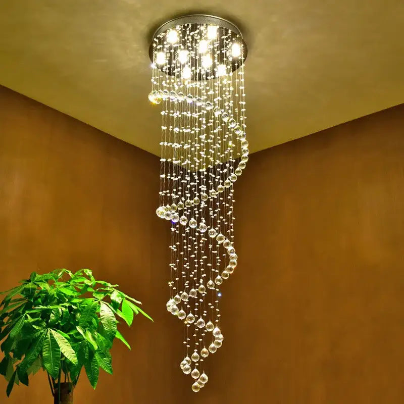 Modern spiral decorbites crystal chandelier with clear crystal beads and metallic base for living room staircase